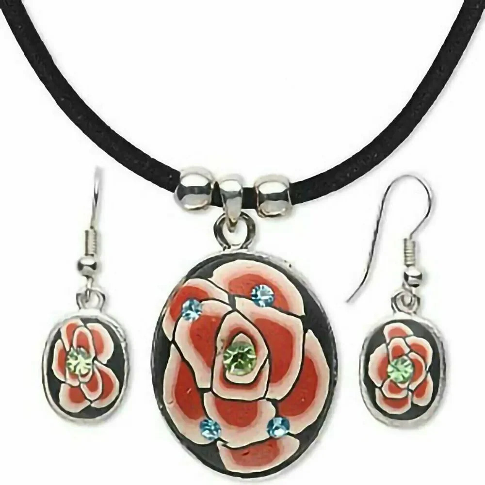 Red Black Polymer Clay Roses Silver Black Velvet Necklace Earrings Set